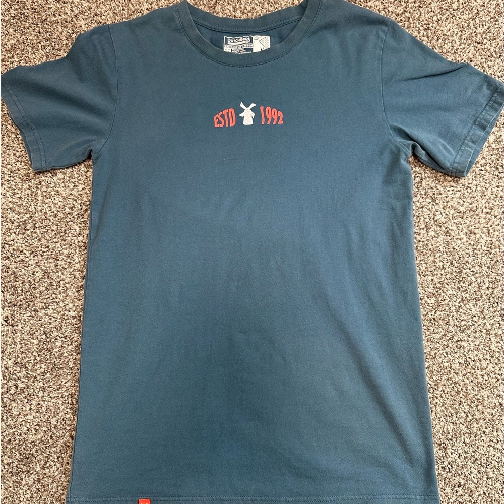 Dutch Bros Teal Blue Mens Short Sleeve Tee with Pinkish Red ESTD 1992.